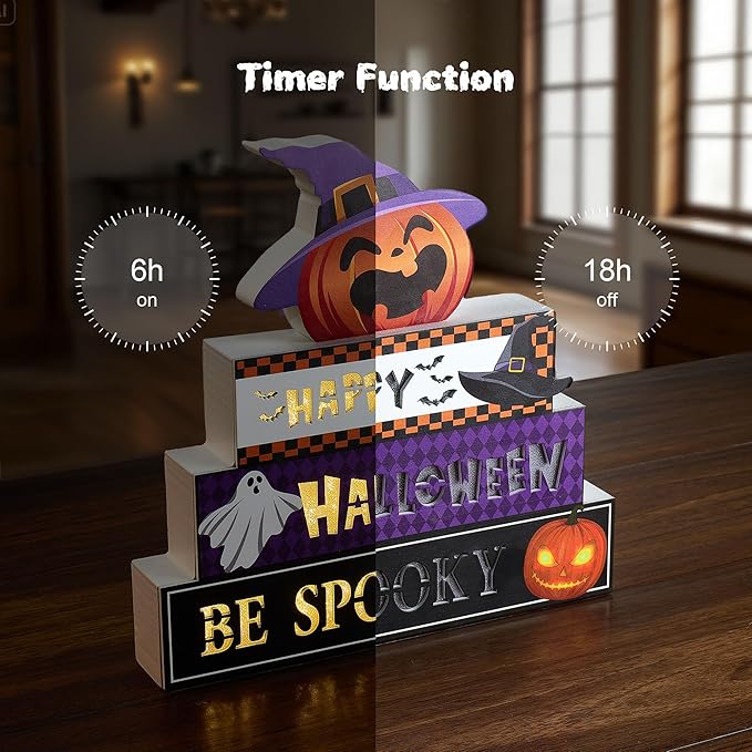 WBao Halloween Decorations Indoor 9.4inch Premium Wooden Block Set with Glowing 3D Letters, Timer, Battery Powered Rustic Farmhouse Centerpiece for Home, Table, Mantel, Shelf Halloween Party Decor