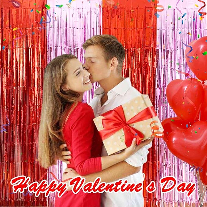 Valentines Day Decorations - 4 Pack of 3.2x8.2ft Red Pink Foil Fringe Curtains Streamers Backdrop for Birthday Valentines Day Decor