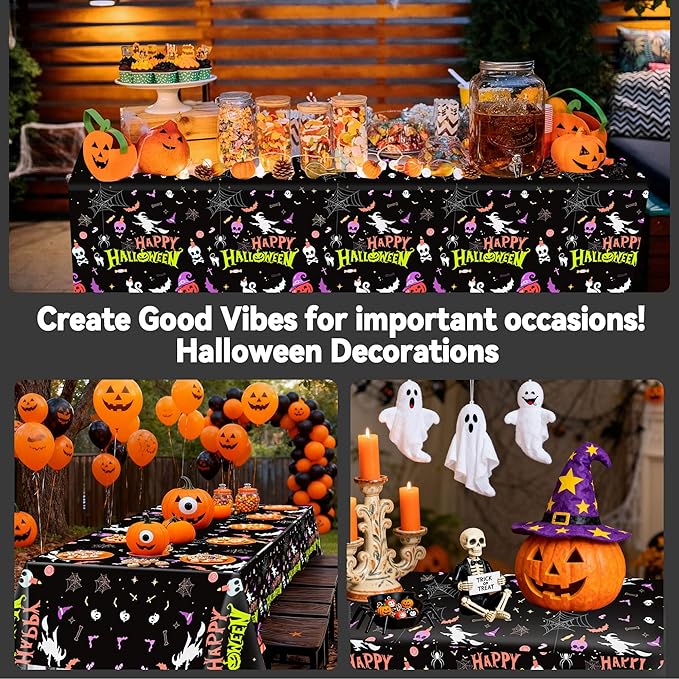 Halloween Tablecloth Plastic Disposable – 3 Pack 54 x 108 Inch Rectangle Table Covers – Witches, Skulls, Pumpkins & Spider Webs – Halloween Table Decorations for Party or Dining