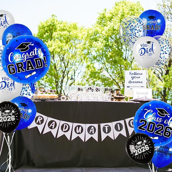 Blue and Black Graduation Balloons Graduation Decorations 2026, 51Pcs Grad Latex Balloons and Grad Foil Balloon with Confetti Ribbons Grad Party Decorations for College High School