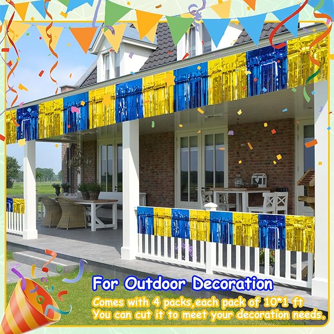 4 Pack 10 Feet Graduation Parade Floats Foil, Royal Blue Gold Fringe Garland Tinsel Streamers Banner Fringe Curtain Banner for Graduation Homecoming Birthday Party Decorations (Royal Blue, Gold)
