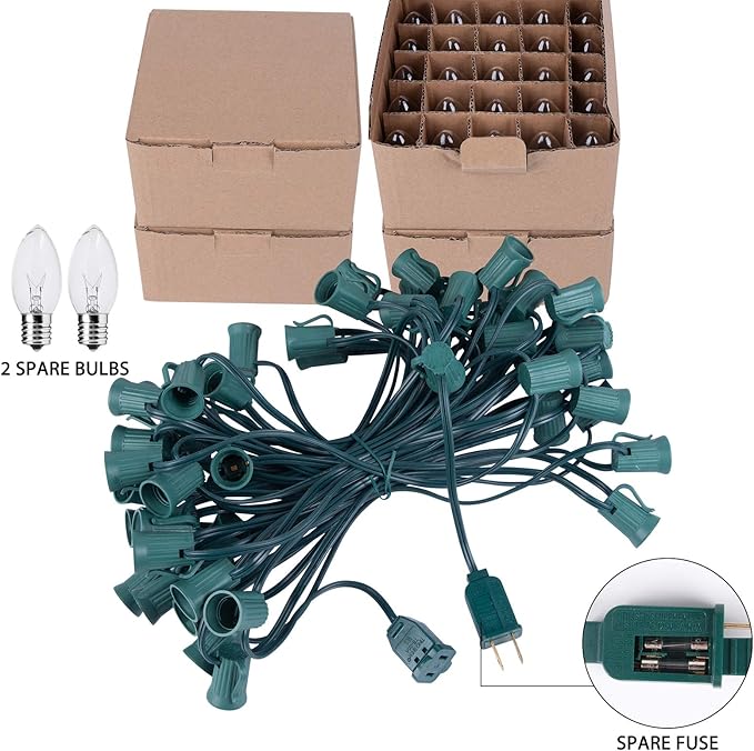 Brightown 100 Feet C9 Bulb String Lights Outdoor Clear Christmas Lights Green Wire for Outdoor Patio Room Party Backyard Decoration, E17 Base, 100 Bulbs