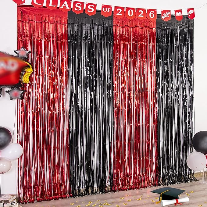 LOLStar Graduation Party Decoration, 2 Pack Red and Black 3.3x6.6 ft Foil Fringe Curtains, Tinsel Backdrop, Graduation Photo Booth Prop Streamer Backdrop for Class of 2026, Prom and Grad Party Decor