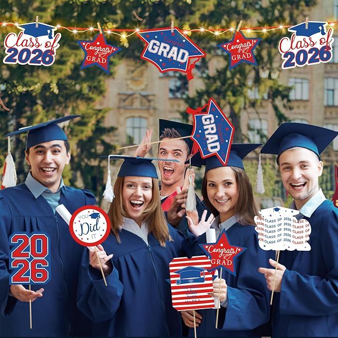 OuMuaMua Graduation Decorations Class of 2026-30pcs Red and Blue Graduation Table Centerpieces Sticks Table Toppers with Lights for College High School Congrats Grad Party Supplies