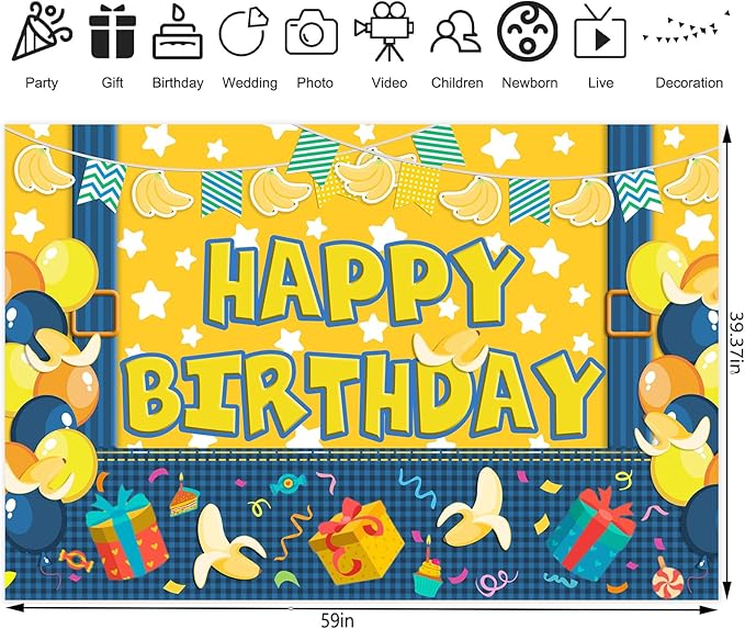 5x3ft Yellow Cowboy Cartoon Theme Backdrop Cartoon Banana Photography Background Kids Boys Girls Birthday Party Decorations Photo Booth Banner Props