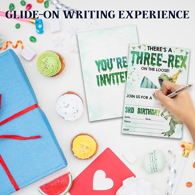 3RD Birthday Party Invitations- There's A Three-Rex On The Loose - 20-Pack of 4''x6'' Invite Cards with Envelopes, Double-Sided Fill In Birthday Party Celebrate Supplies & Decoration For Boys - A06