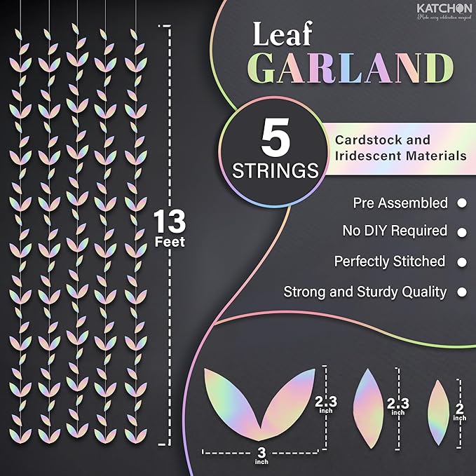 KatchOn, Iridescent Leaf Garland - Pack of 5 | Holographic Hanging Leaves Party Decorations | Girls Birthday Decorations, Bridal Shower Decorations | Anniversary Decorations, Euphoria Party Decoration