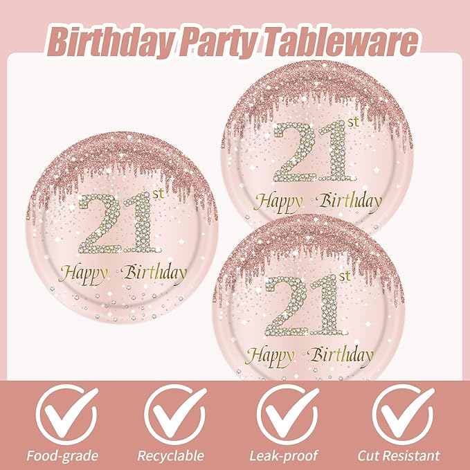 21st Rose Gold Birthday Plates and Napkins, 9 Inch Pink Rose Gold Disposable Dinner Dessert Plates Happy 21th Birthday Party Supplies Decorations for Girls Women
