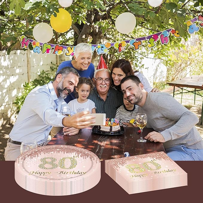 80th Rose Gold Birthday Plates and Napkins, 9 Inch Pink Rose Gold Disposable Dinner Dessert Plates Happy 80th Birthday Party Supplies Decorations for Girls Women