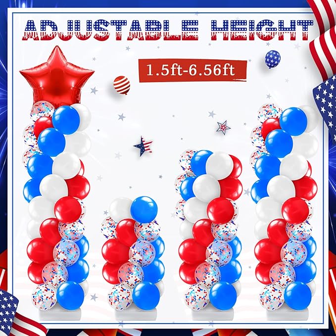 Kasyat 2 Sets 4th of July Balloon Column Stand Kit with Foil Star Balloons Blue and Red White Arch Kit for Floor for Patriotic Memorial Day 250th Anniversary Independence Day Decorations