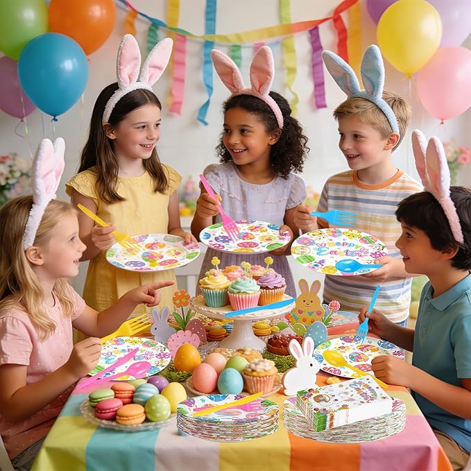 144 Pcs Disposable Easter Plates and Napkins Set-9 Inch Dinner Plates and 7 Inch Dessert Plates with Napkins and Flatware-Bunny Egg Tableware with Happy Easter-Spring Party Supplies for 24