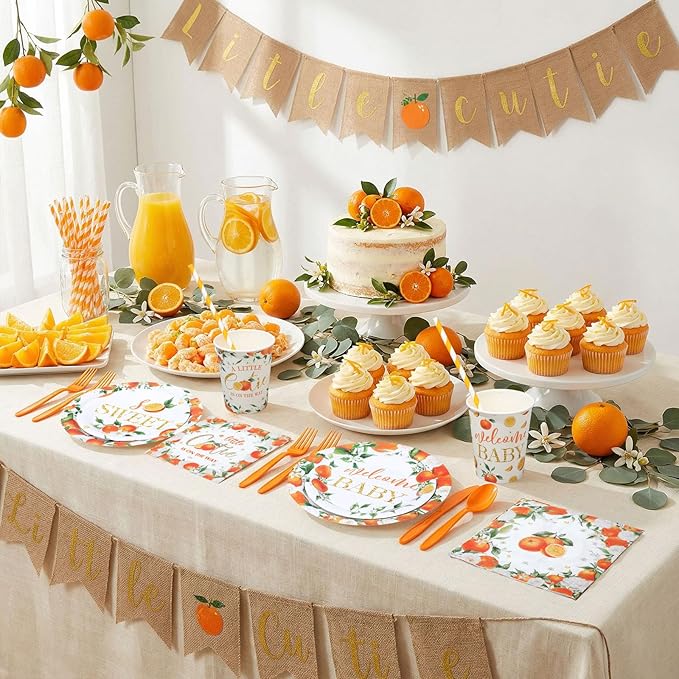 450 Pcs Little Cutie Baby Shower Tableware Set Decorations A Little Cutie is on the Way Paper Plates Disposable Napkins Cups Cutlery Straws for Orange Fruit Birthday Party Supplies, Serves 50