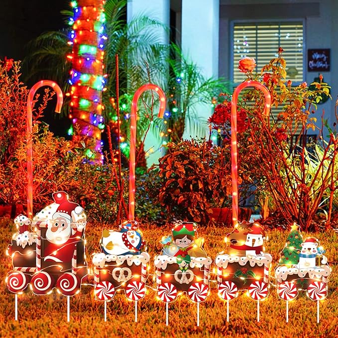 Christmas Train Decorations Yard Signs with LED Lights - Christmas Tree Snowman Train Set Lawn Signs with Stakes for Holiday Xmas Lawn Garden Yard Decorations Outdoor, 5 Pack