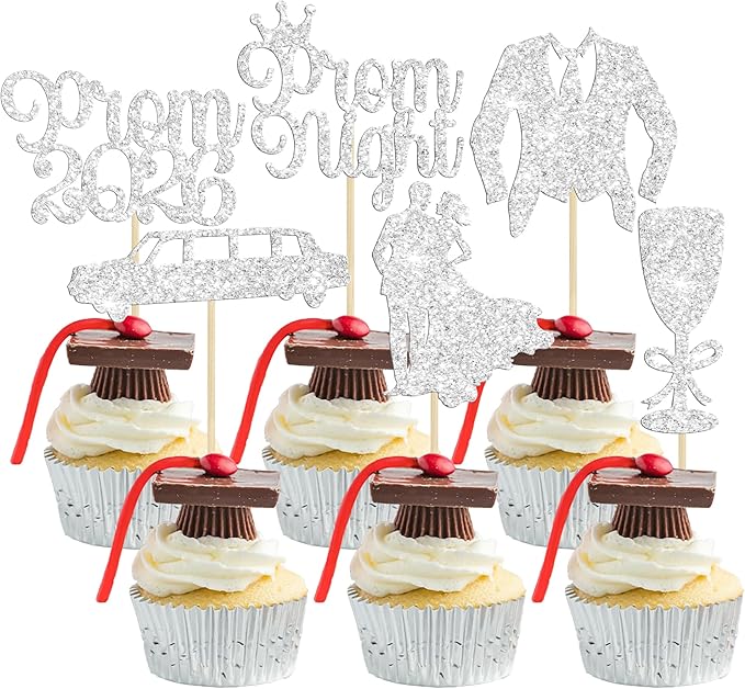 Gyufise 24Pcs Prom Cupcake Topper Prom Decorations for Party 2026 Grad Cupcake Topper 2026 Grad Decor Class of 2026 College Decorations Party Decorations Silver