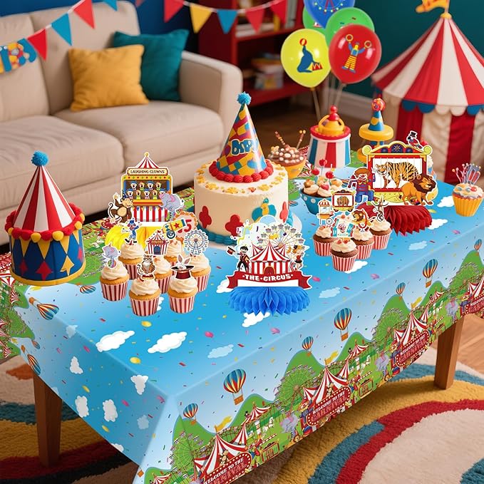 Carnival Party Decorations Circus Theme Birthday Party Supplies Including Carnival Backdrop Balloon, Red and White Stripe Tablecover, Centerpieces, cupcake topper for Circus Birthday Party