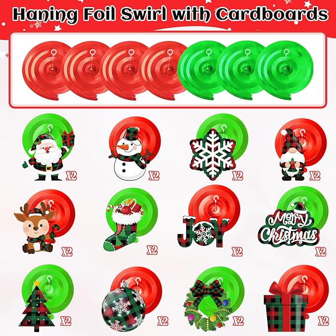 Sumind 30 Pcs Christmas Swirl Ceiling Hanging Decorations Set Xmas Holiday Snowman Elk Sign Hanging Foil Christmas Indoor Decorations for Ceiling Xmas Holiday Party Decor(Red, Green)
