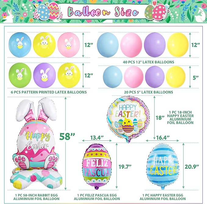 Party Spot! 101 PCS 2026 Easter Party Decorations Set, Easter Party Supplies, Easter Balloon Arch Garland Kit, Happy Easter Backdrop, Banner, Easter Egg Balloon, and Hanging Swirls