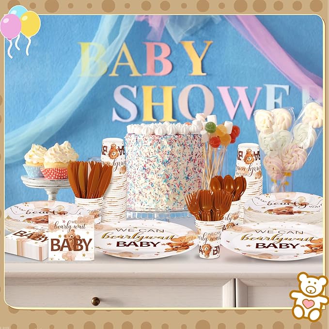 Dandat 350 Pcs Baby Shower Party Supplies Serves 50 Tableware Sets Include Plates Napkin Cup Forks Knives Spoons Disposable Dinnerware(Bear,Brown)