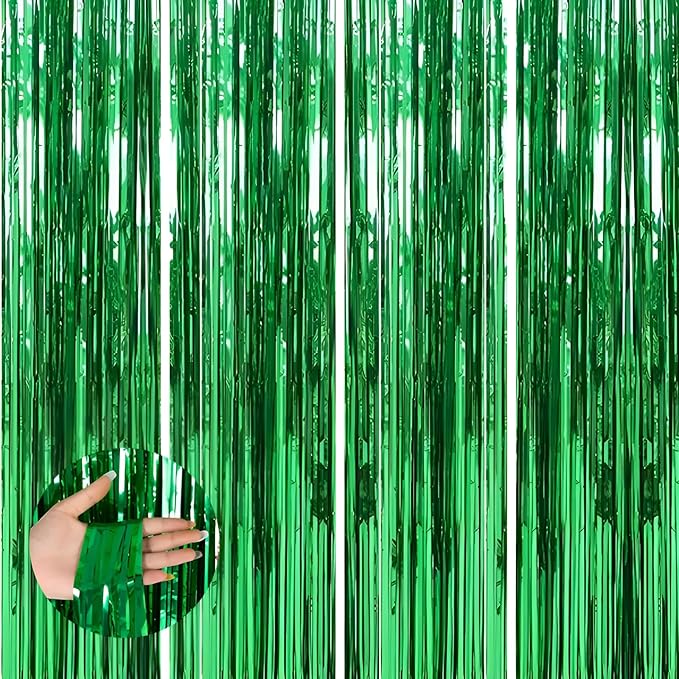 Valentines Day 4 Pack 3.3 * 8.3 ft Foil Curtain Metallic Tinsel Fringe Curtains Photo Booth Props Backdrop for Birthday Wedding Engagement Baby Shower Christmas Holiday Celebration Partyl,Green