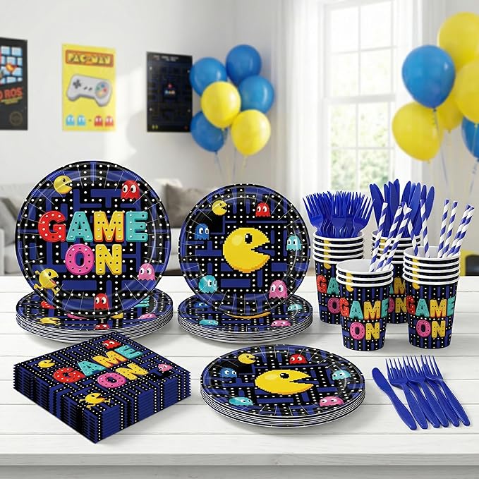 Game on Maze Themed Party Decorations Supplies Retro Arcade Game Themed Party Tableware Set Include Plates, Cups, Napkins,Cutlery and Straw for Birthday Party Decorations Serves 24