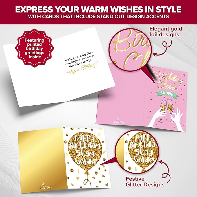 Decorably 50 Pack Foiled & Glittery 6x4in Assorted Adult & Kids Happy Birthday Cards Bulk with Envelopes & Stickers, 50 Unique Designs for Family, Friends & Loved Ones, Printed Message - Gifting