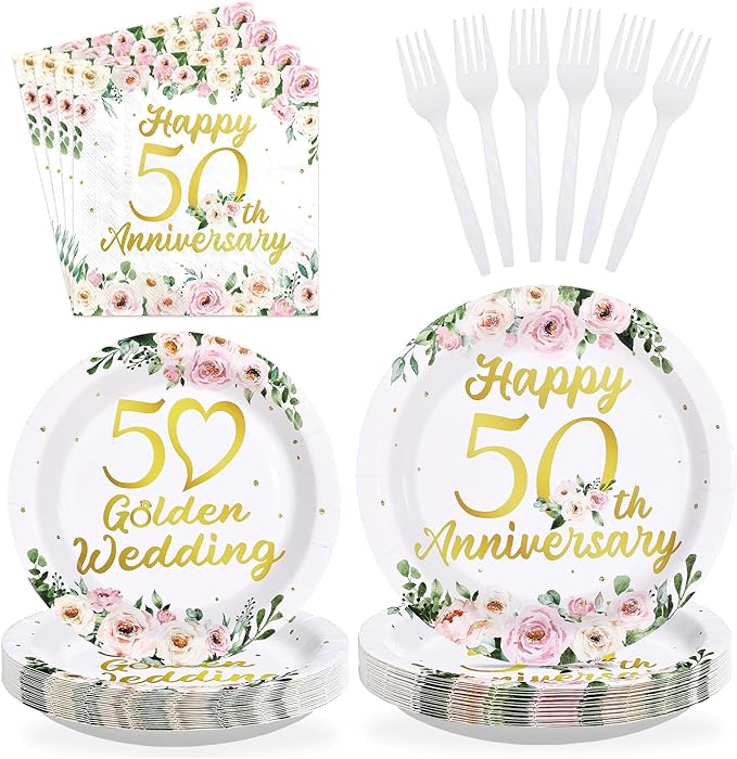 96 Pcs 50th Anniversary Decorations Pink Floral Happy 50th Anniversary Plates and Napkins Disposable Golden Wedding Tableware Set for Wedding 50 Years Loved Party Supplies Serves 24
