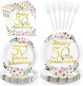 96 Pcs 50th Anniversary Decorations Pink Floral Happy 50th Anniversary Plates and Napkins Disposable Golden Wedding Tableware Set for Wedding 50 Years Loved Party Supplies Serves 24