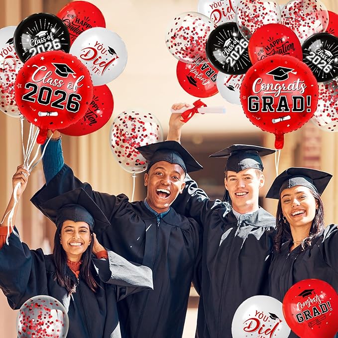 Red and Black Graduation Balloons Graduation Decorations 2026, 51Pcs Grad Latex Balloons and Grad Foil Balloon with Confetti Ribbons Grad Party Decorations for College High School