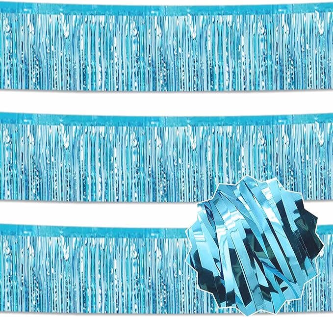 3 Pack 10 Ft Light Blue Foil Fringe Garland Metallic Streamers Tinsel Banner Wall Hanging Garland Backdrop for Parade Floats, Halloween, Christmas, Thanksgiving, New Year Party Decorations
