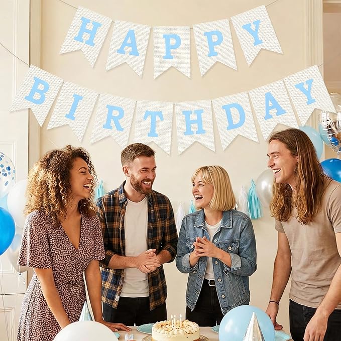 Burlap Happy Birthday Banner, Blue Assembled Happy Birthday Banner Sign Garland for Boys Girls Rustic Party Decorations