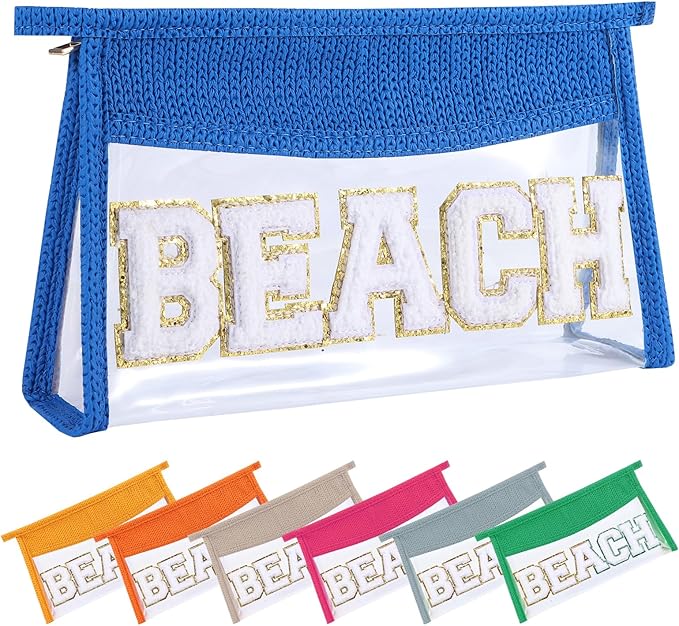 Beach Pouch Sunscreen Clear Makeup Bag Chenille Letter Beach Cosmetic Pouch Summer Essential Cute Toiletry Pouch Travel Accessories Gifts for Women