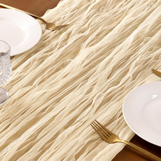 Socomi Beige Cheesecloth Table Runner Tulle Gauze Cheese clothBoho Rustic 120 inch 10FT Runner for Wedding Party Baby Shower Birthday Holiday Decorations 1pc