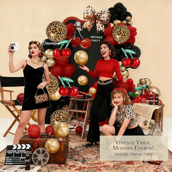 Cheetah Print Balloon Arch Kit,185pcs Red Black Gold Metallic Balloons, with Foil Cherry Cheetah Balloons for Cheetah Birthday Decorations, Bachelorette, Vintage Cherry Theme Party Decorations