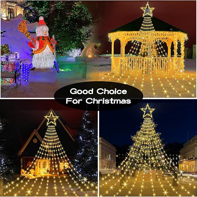 Onory Christmas Outdoor Star String Lights 23FT 860 LED Waterproof Waterfall Tree Lights with Star Topper, 8 Modes Christmas Decorations Outdoor Tree Lights for Patio, Yard, Party Holiday Dec