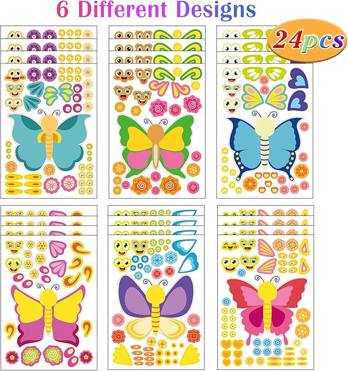 24 Sheets Butterfly Make a Face Sticker Sheets for Kids Todders Activities, Make Your Own Stickers for Kids Birthday Party Favor Supplies Craft