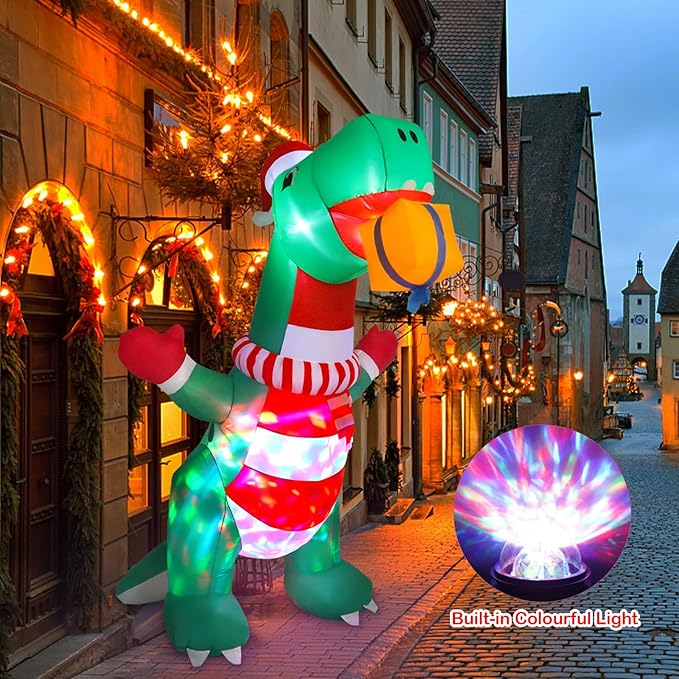 8FT Christmas Inflatables Outdoor Decorations, Blow Up Yard Dinosaur Decoration with Christmas Hat & Gift Box, Built-in LED Lights for Holiday Garden Patio Lawn Party, for Him, Her