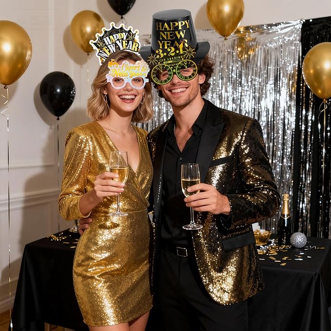 HOWAF 2026 New Year’s Eve Party Supplies, for 18 Guest, 2026 Happy New Year Party Decoration Include Cone Hats Tiaras Tassel Squawkers Glitter New Year Glasses 2026, Black and Gold Top Hats