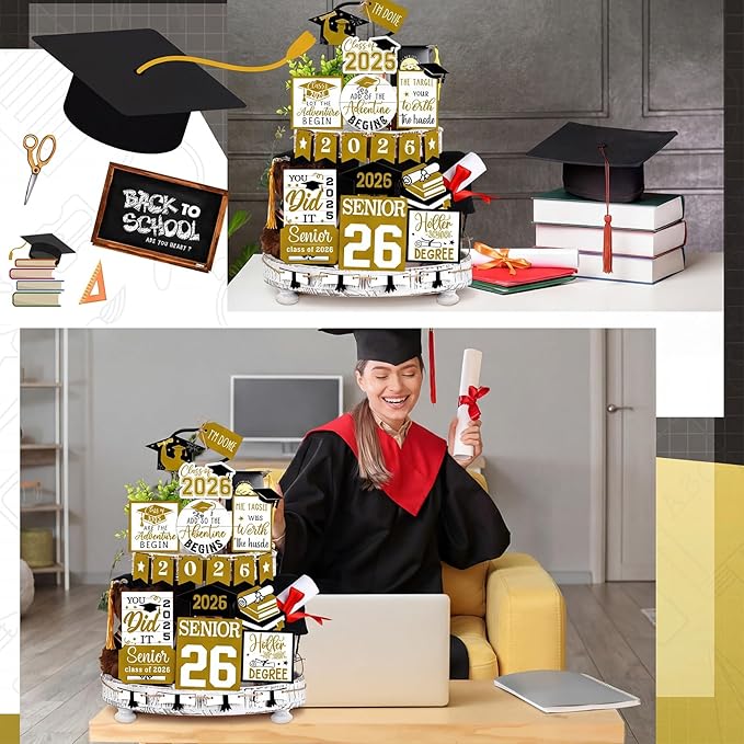 22 Pcs 2026 Graduation Tiered Tray Decor Sets Wooden Graduation Class of 2026 Table Decorations Senior 2026 Gown Diploma Farmhouse Signs for Home Shelf Party Office Desk(Gold)