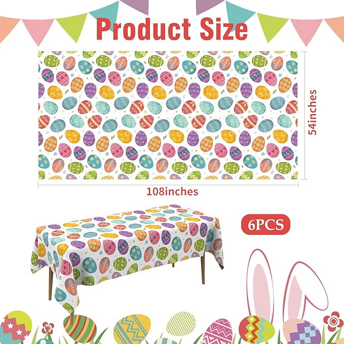 Easter Tablecloth, 6 Pack Colorful Easter Eggs Table Cloth, 54x108 Inch Plastic Disposable Rectangle Spring Table Cover for Easters Tables Decorations Outdoor Picnic Home Kitchen Dinner Party Supplies