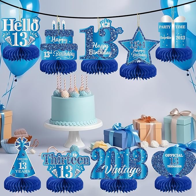 9Pcs 13th Birthday Decorations Blue Silver 13th Birthday Party Decorations for Teens Boys Girls,Happy 13 Years Birthday Honeycomb Centerpieces Table Sign Decor Supplies