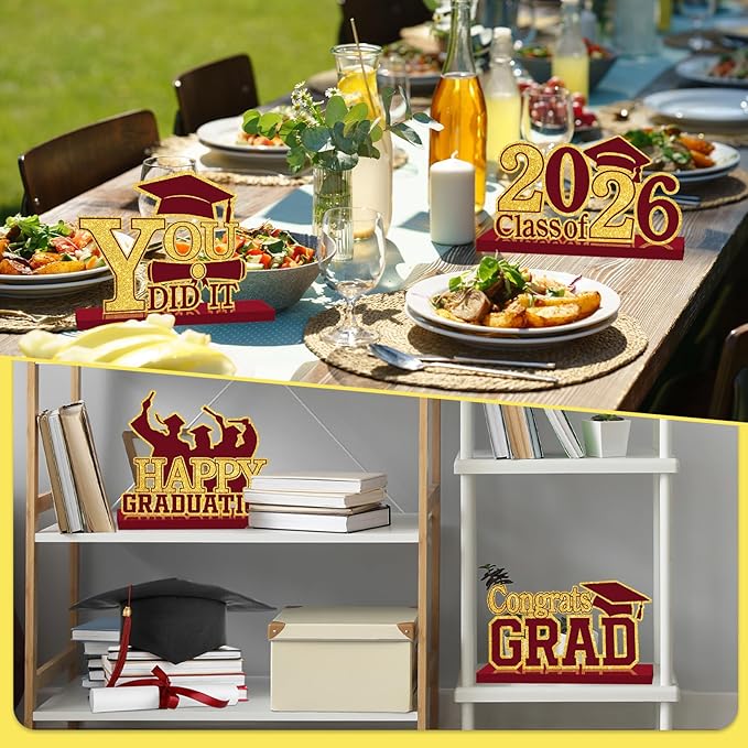 4Pcs Graduation Decorations Class of 2026 Wood Table Centerpieces Congrats Grad Wooden Sign Graduation Table Toppers Congratulate Tiered Tray Decor for 2026 Graduation Party (Maroon-Gold)