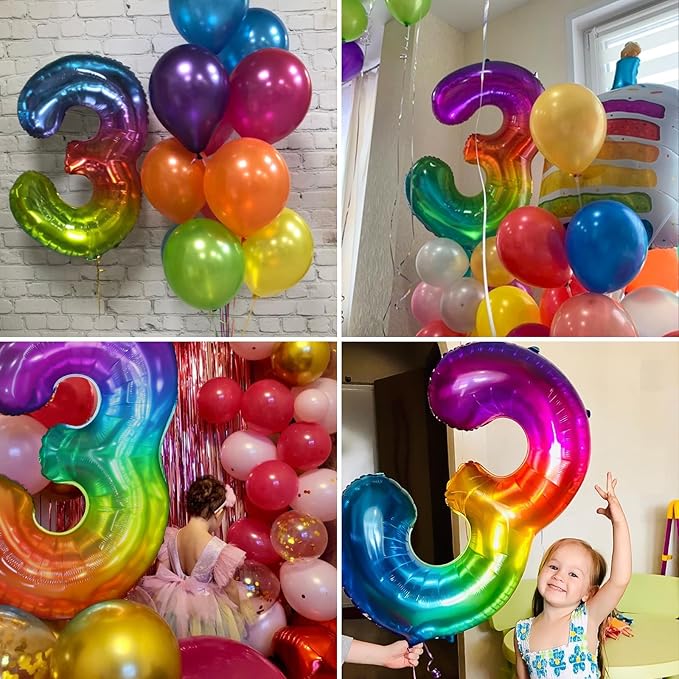 40 Inch Rainbow Number Balloon 3, Large Number Foil Balloons Mylar for Girl Boy Birthday Party Celebration Decorations Supplies, Digital Balloons for Wedding Anniversary Events Decorations