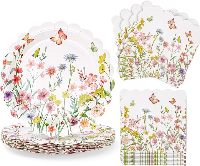 Wildflower Party Plates and Napkins Set - 40 Pcs Spring Disposable Tableware for 20 Guests, 9 Inch Floral Paper Plates & Butterfly Napkins for Baby Shower, Garden Party & Birthday Decorations