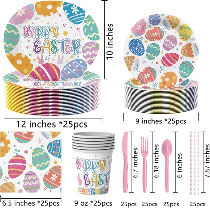200PCS Easter Plates and Napkins Tableware Set, Easter Eggs Designed Disposable Dinnerware with Paper Plates, Napkins,Paper Cups,knives,Forks,Spoons and Straws for Party Supplies- Serves 25