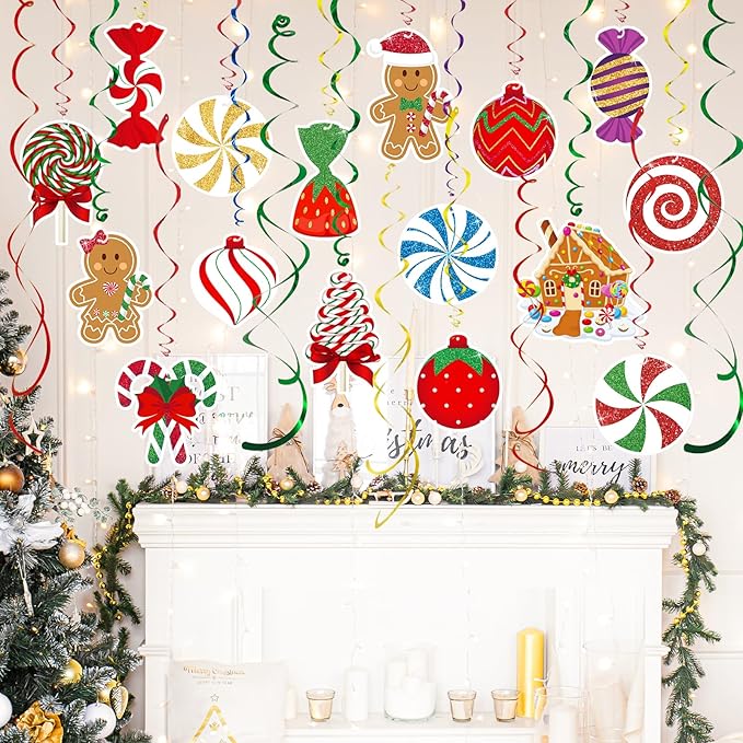 Candy Gingerbread Christmas Decorations - 20pcs Glitter Gingerbread House Candy Christmas Balls Hanging Swirls for Candyland Xmas Party Decor Supplies