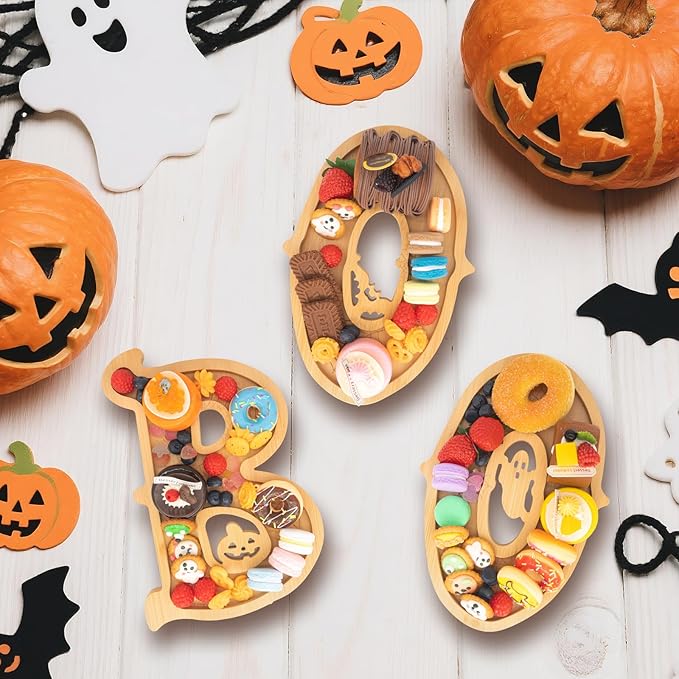 3PCS Wooden Halloween Charcuterie Board Set - Boo Letters (with 14 Balloons) - Halloween Party Table Decoration & Food Tray Platter