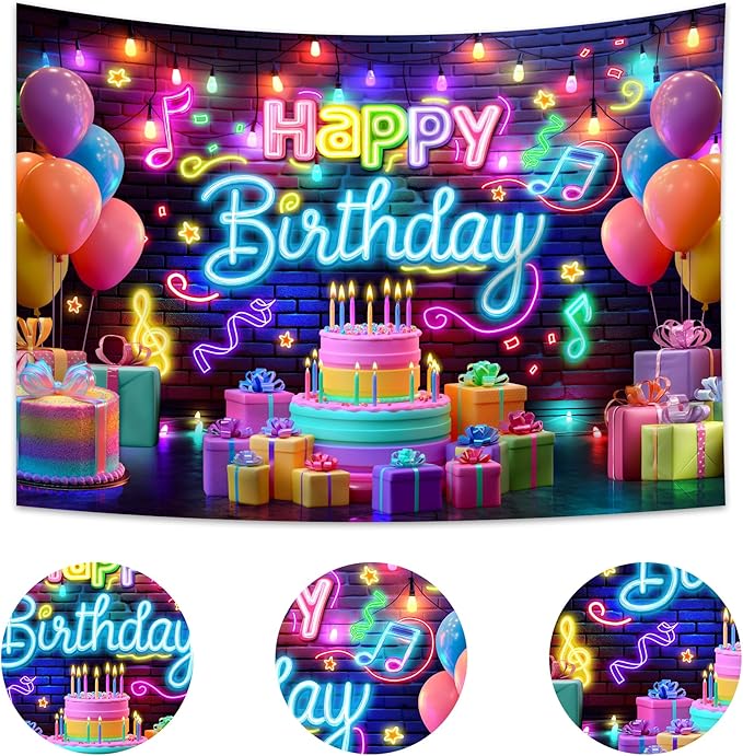 Imirell Neon Happy Birthday Backdrop 7Wx5H Feet Music Party Graffiti Splash Paint Colorful Notes Lights Brick Wall Polyester Fabric Balloons Photography Backgrounds Photo Shoot Decor Props Decoration