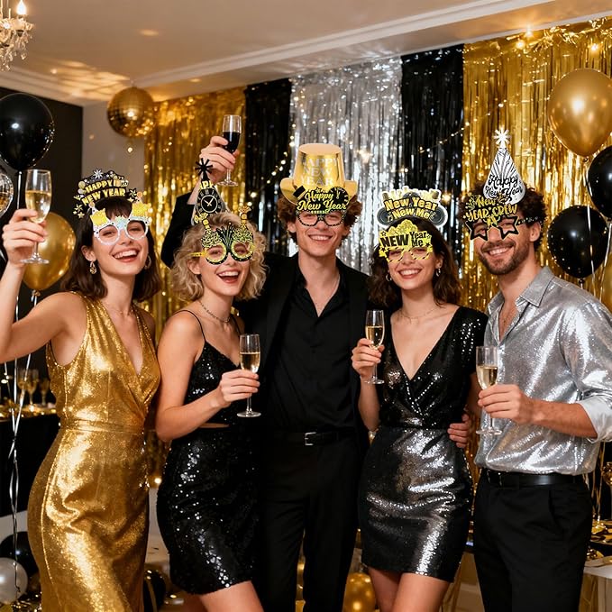 HOWAF 2026 New Year’s Eve Party Supplies, for 18 Guest, 2026 Happy New Year Party Decoration Include Cone Hats Tiaras Tassel Squawkers Glitter New Year Glasses 2026, Black and Gold Top Hats