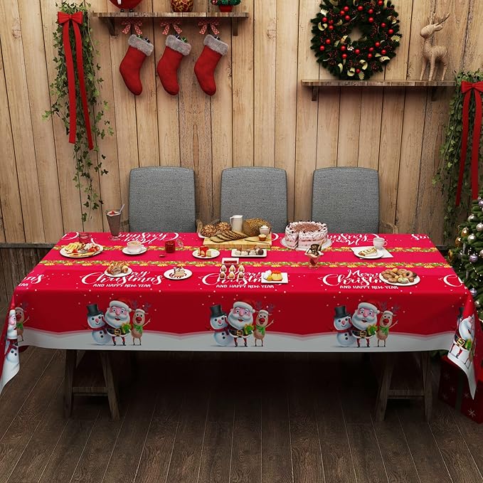 Fibevon Christmas Tablecloths, 2-Pack Rectangular Disposable New Year Tablecloth 54 by 110 inch Premium Table Covers with Elk Snowman and Santa Claus Plastic Tablecloth for Happy New Year Decor