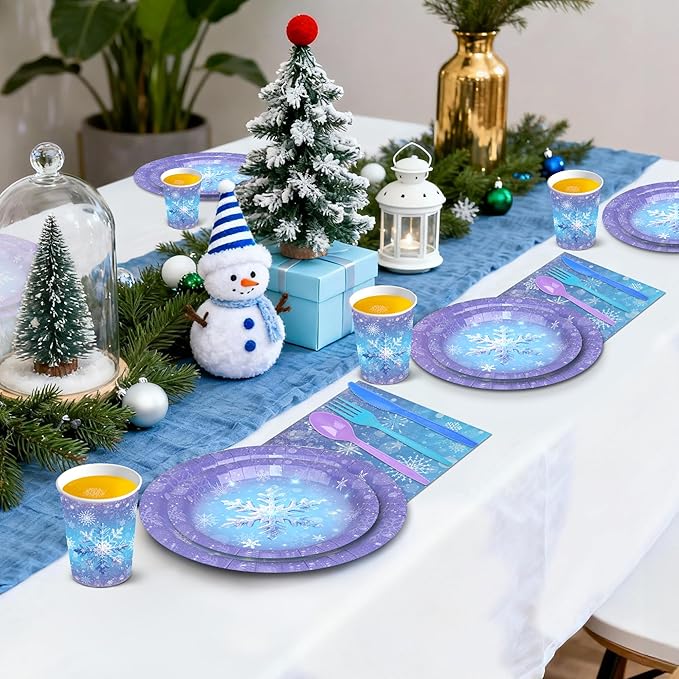 175Pcs Snowflake Paper Plates and Napkins Set - Blue Purple Christmas Themed Paper Plates, Cups, Napkins Cutlery for Winter Wonderland Holiday Decorations Birthday Wedding Party Supplies for 25 Guests